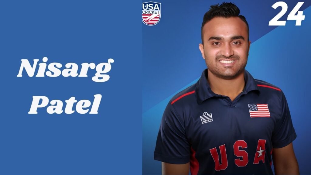 Nisarg Patel bowling left-arm orthodox spin for USA cricket team in action