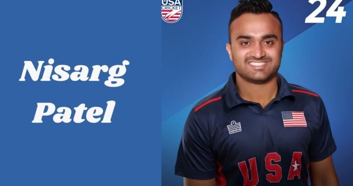 Nisarg Patel bowling left-arm orthodox spin for USA cricket team in action