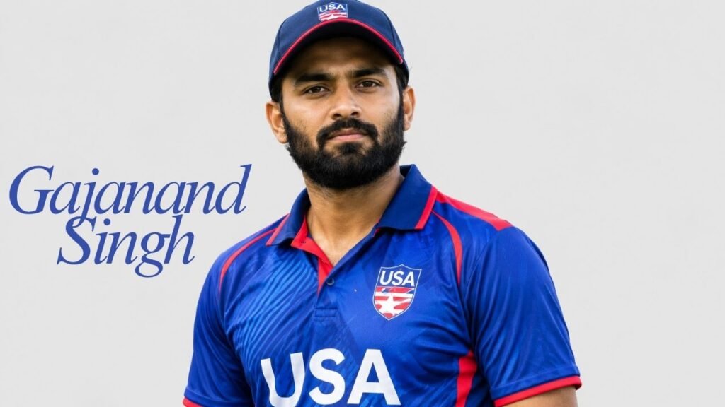 Gajanand Singh, left-handed batter for the USA cricket team, playing a cover drive. Title: Gajanand Singh – USA Cricket Batter Profile