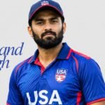 Gajanand Singh, left-handed batter for the USA cricket team, playing a cover drive. Title: Gajanand Singh – USA Cricket Batter Profile