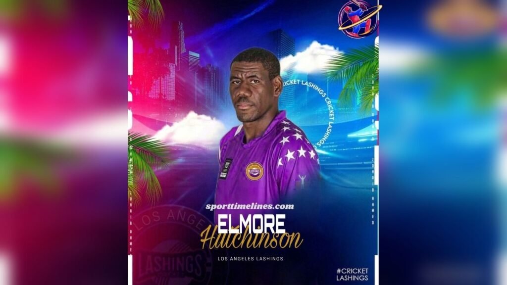 Elmore Hutchinson, USA left-arm fast bowler, in his bowling action at a cricket ground.