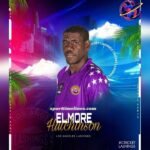 Elmore Hutchinson, USA left-arm fast bowler, in his bowling action at a cricket ground.